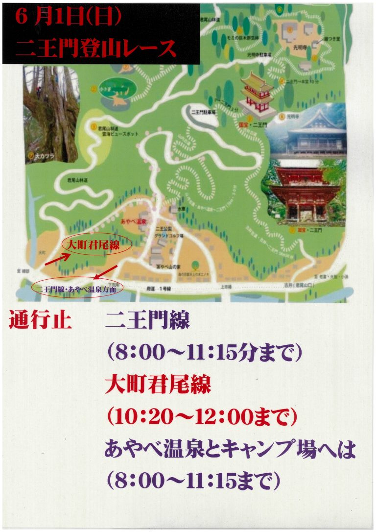 6月１日二王門登山レース交通規制について。